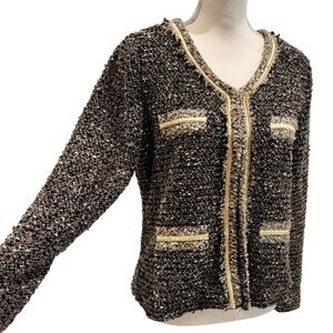 Midnight Velvet Black & Cream Tweed Textured Jacket Blazer | Gold Trim! (M)